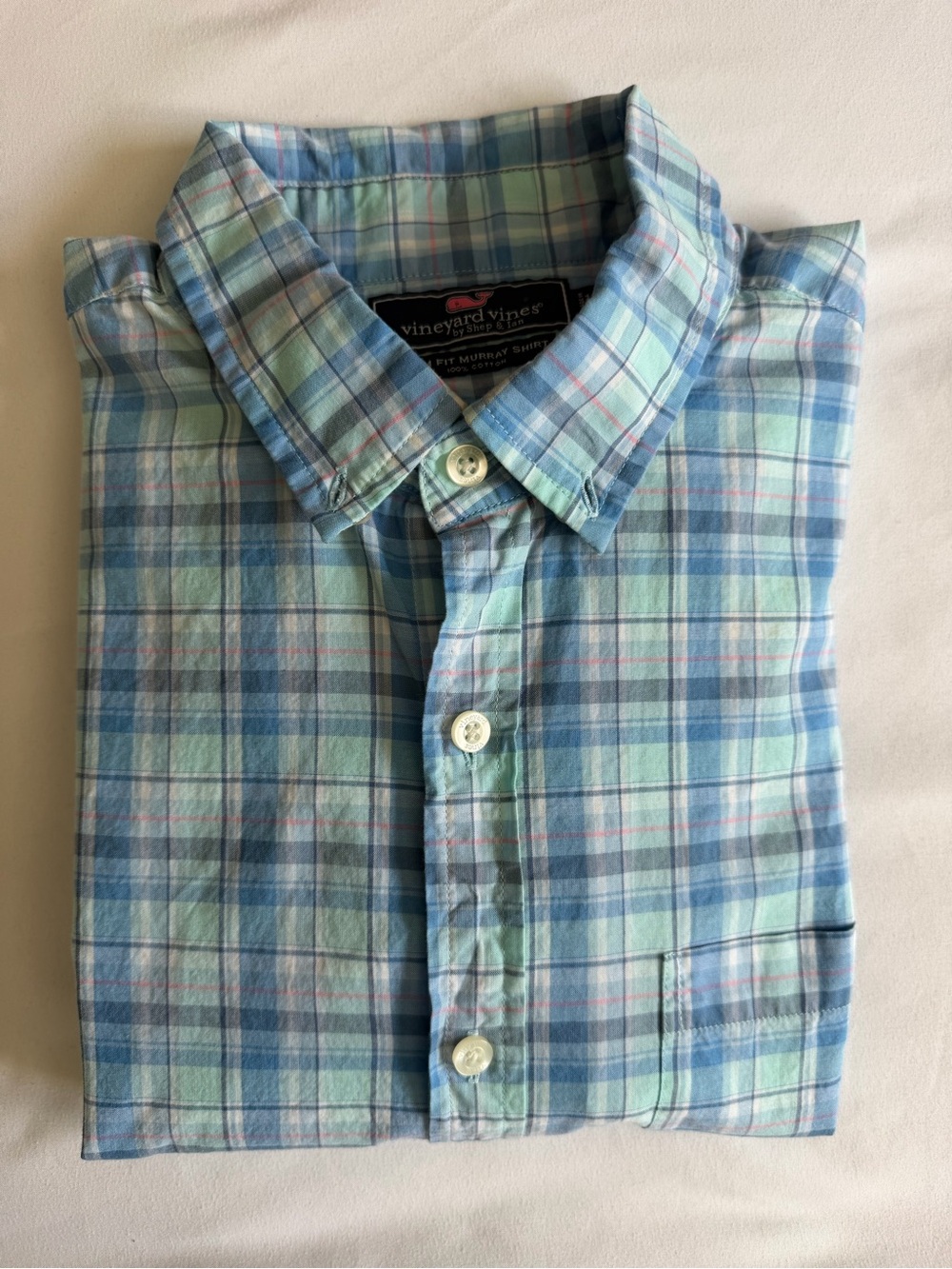 Vineyard Vines "Murray" Blue Mint Plaid Slim Fit 100% Cotton Button Down Shirt